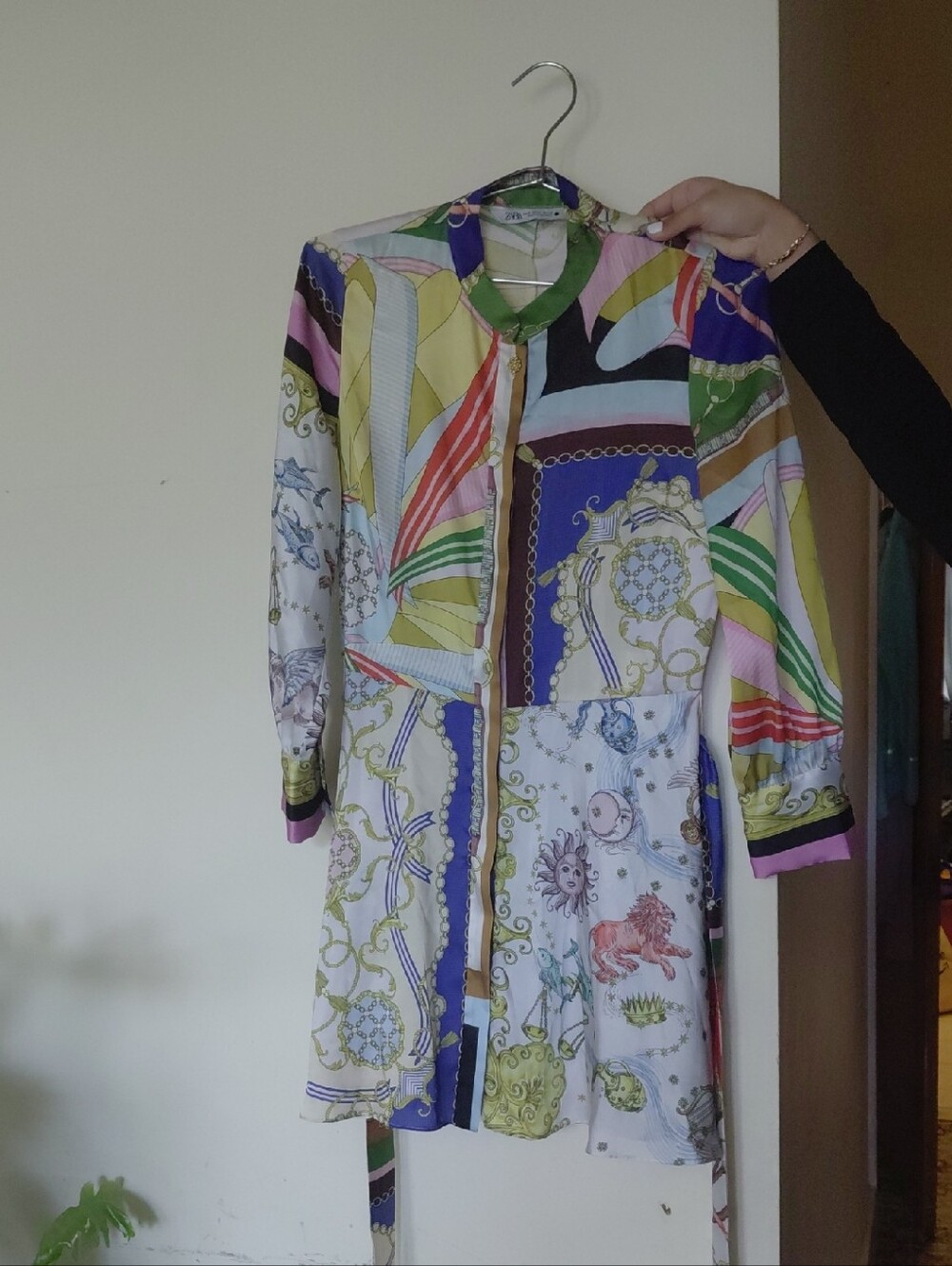 Zara Multicolor Printed Long-Sleeve Shirt Dress — Green, Blue, Pink, Yellow